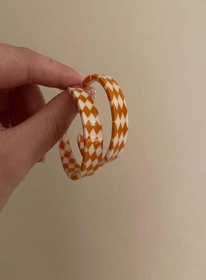 POYAMUSE Chic Checkerboard Acrylic Hoop Earrings - Trendy Plaid Earrings - Elegance with a Modern Twist-orange white - Image 4